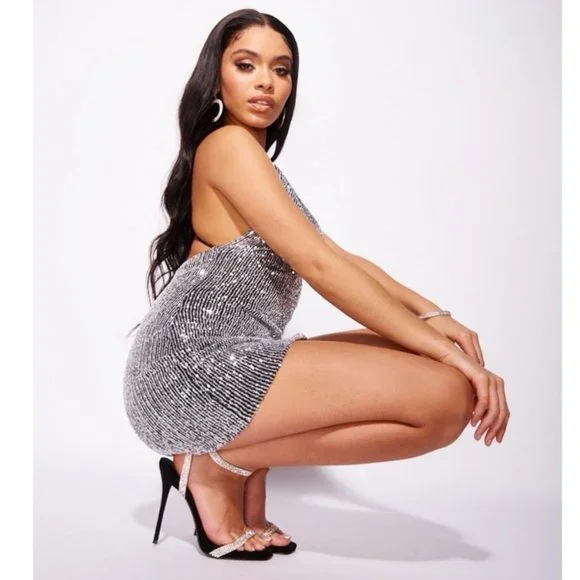 Silver Sequins Sleeveless Cowl Neck Backless Open Back Bodycon Mini Dress - Picture 8 of 11